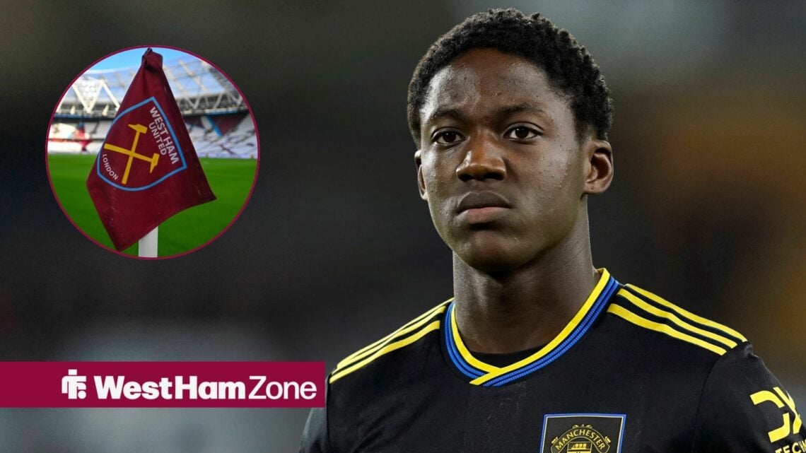 Kobbie Mainoo playing for Manchester United looking towards a circle inset of a West Ham flag at the London Stadium