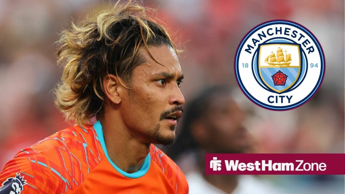 Alphonse Areola alongside a circle inset of the Man City badge.