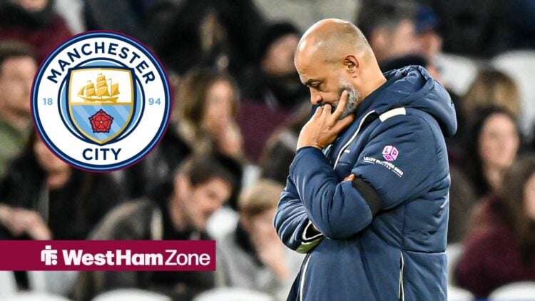 Nuno Espirito Santo alongside a circle inset of the Man City badge.