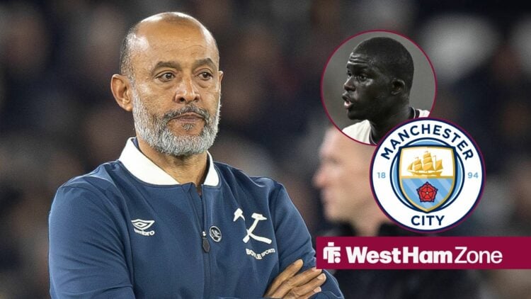 Nuno Espirito Santo looking at the Manchester City badge and Malick Diouf.