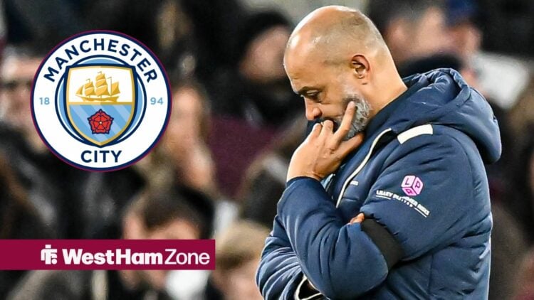 Nuno Espirito Santo looking sad in the direction of the Manchester City badge.