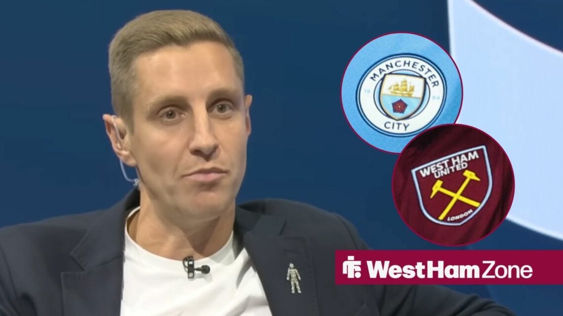 Michael Dawson with Man City and West Ham badge in frame
