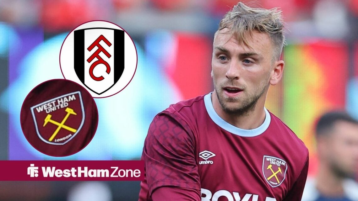 Jarrod Bowen looking at an unidentified West Ham player and the Fulham badge.