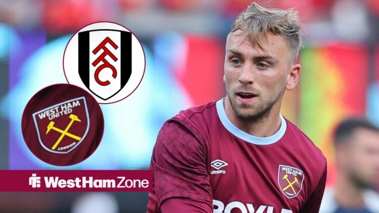 Jarrod Bowen looking at an unidentified West Ham player and the Fulham badge.