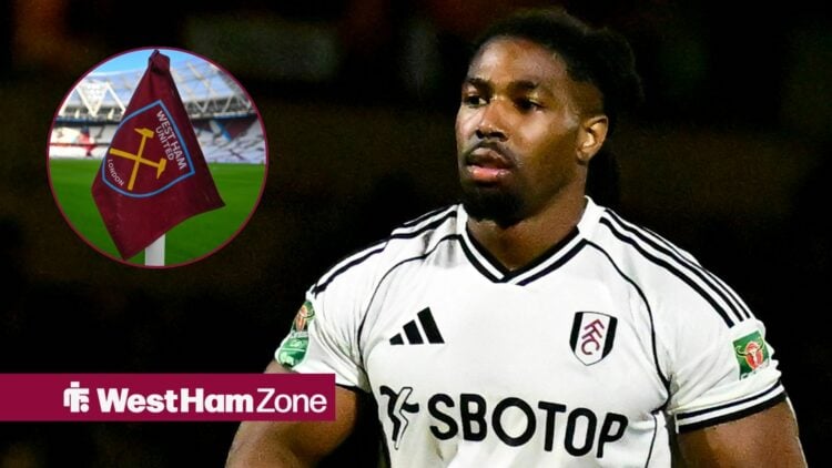 Adama Traore playing for Fulham looking towards a West Ham flag in a circle inset