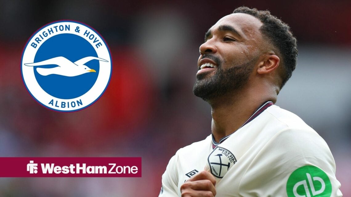 Callum Wilson celebrating with Brighton badge in circle