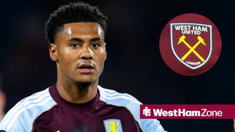 Ollie Watkins playing for Aston Villa looking towards a circle inset of the West Ham badge