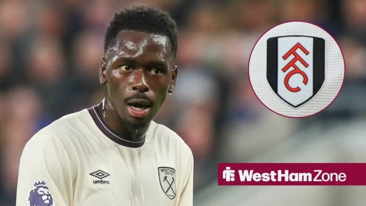 Soungoutou Magassa playing for West Ham looking towards a circle inset of the Fulham badge