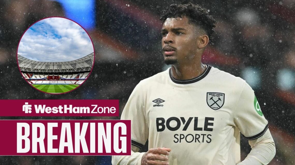 Luis Guilherme looking towards a circular frame inset of the London Stadium