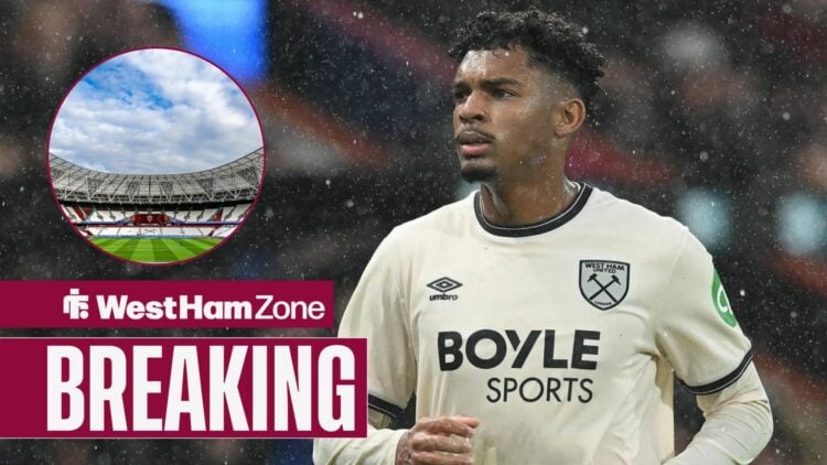 Luis Guilherme looking towards a circular frame inset of the London Stadium