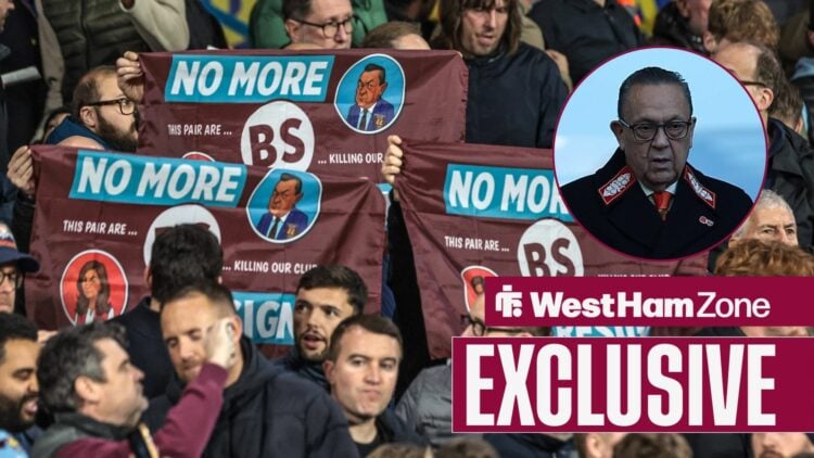 West Ham fans protest against David Sullivan and Karren Brady, plus a smaller picture of Sullivan.