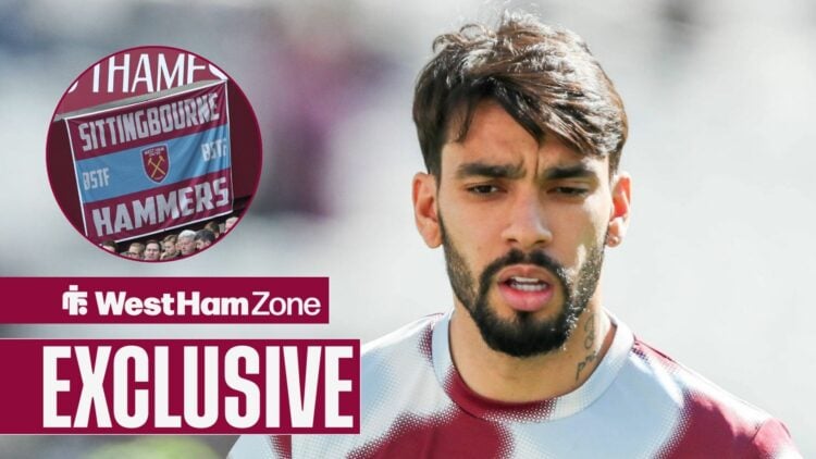 Lucas Paqueta looking down with West Ham banner in circle