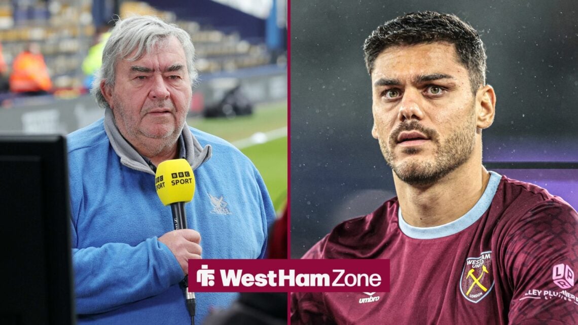 Jonathan Pearce working as a BBC commentator, with Konstantinos Mavropanos alongside him in a split image