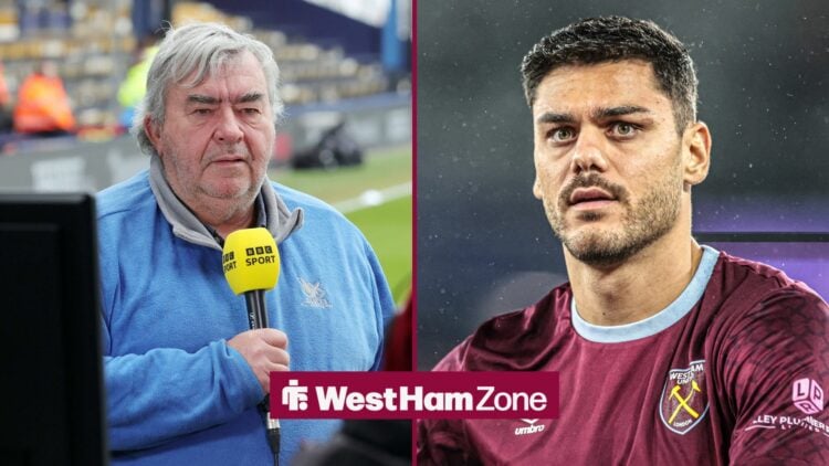 Jonathan Pearce working as a BBC commentator, with Konstantinos Mavropanos alongside him in a split image