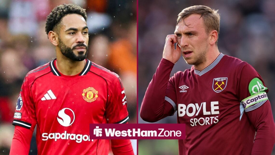 Matheus Cunha and Jarrod Bowen looking at one another.