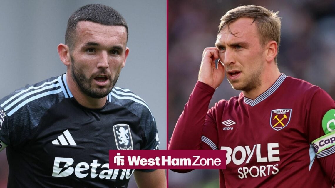 John McGinn playing for Aston Villa looking towards a Jarrod Bowen playing for West Ham