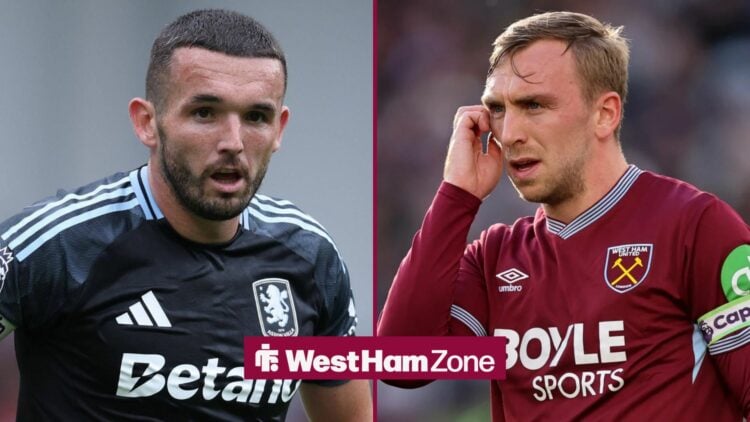 John McGinn playing for Aston Villa looking towards a Jarrod Bowen playing for West Ham