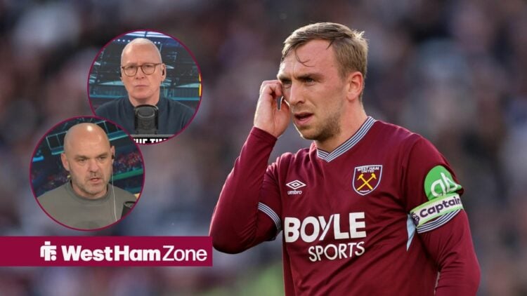Jarrod Bowen scratches his head in a West Ham shirt with Jim White and Danny Murphy in round overlays