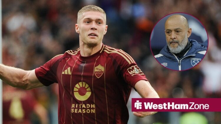 Artem Dovbyk playing for Roma and Nuno Espirito Santo in a round overlay