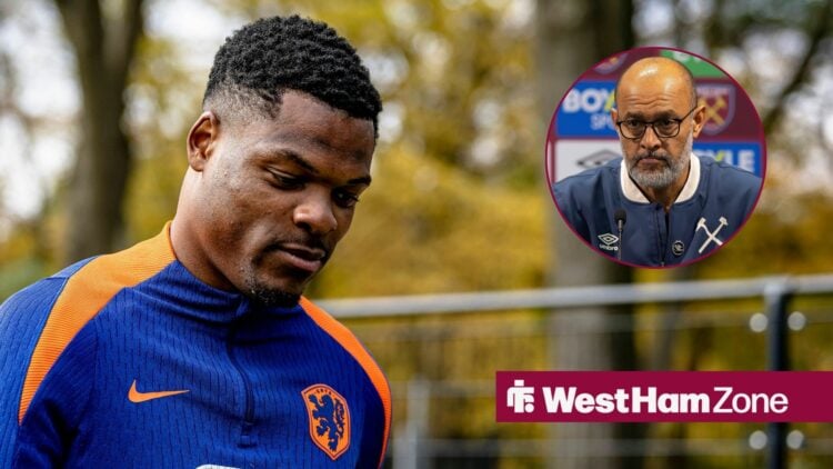 Inter Milan's Denzel Dumfries with West Ham's Nuno Espirito Santo inset