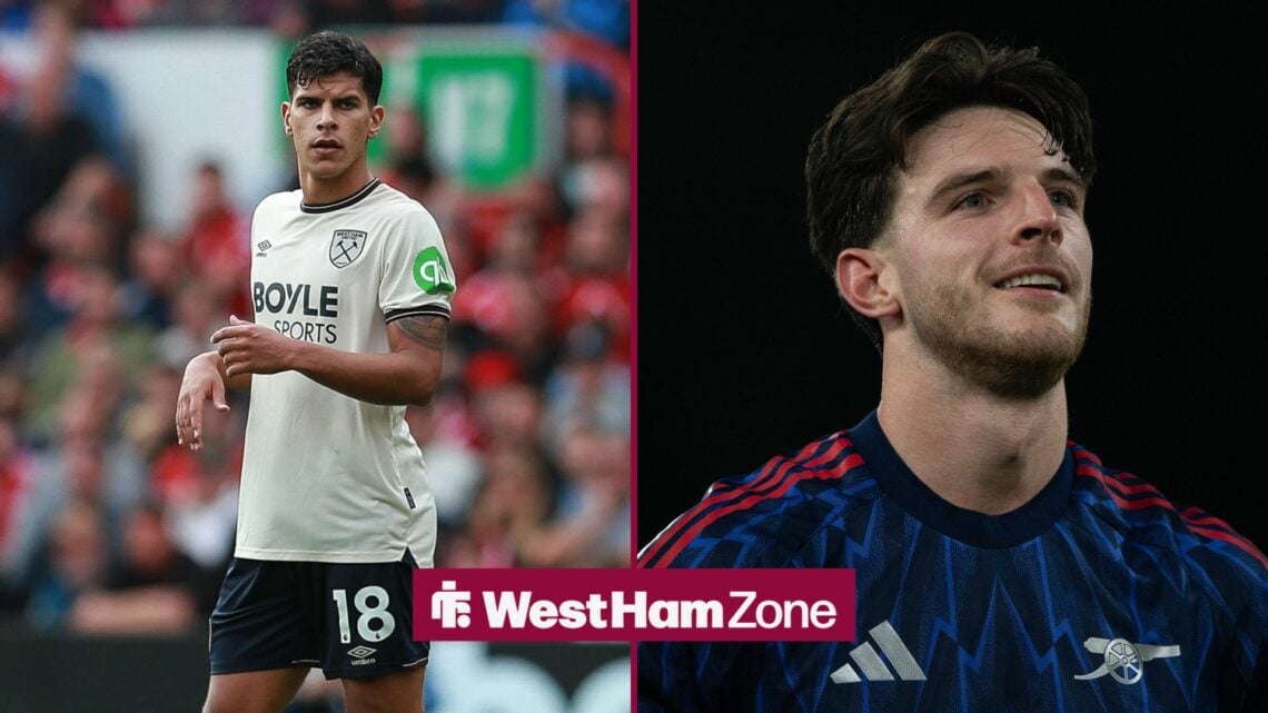 West Ham's Mateus Fernandes with a split image of Declan Rice