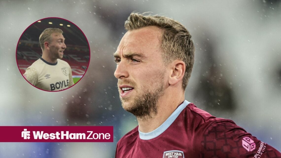 Jarrod Bowen playing for West Ham, with a circular frame inset of Bowen at Old Trafford