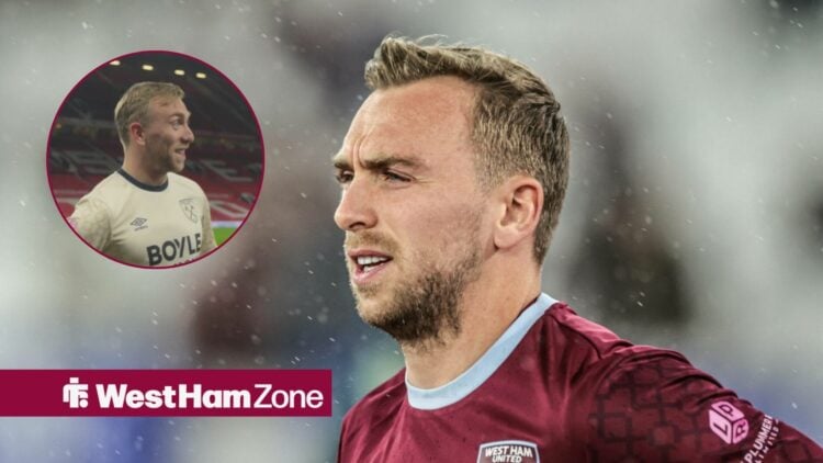 Jarrod Bowen playing for West Ham, with a circular frame inset of Bowen at Old Trafford