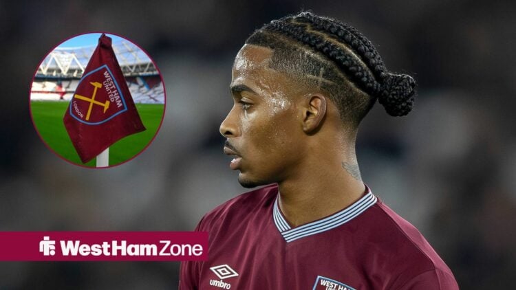 Crysencio Summerville in action for West Ham, with a West Ham corner flag in a circular frame inset