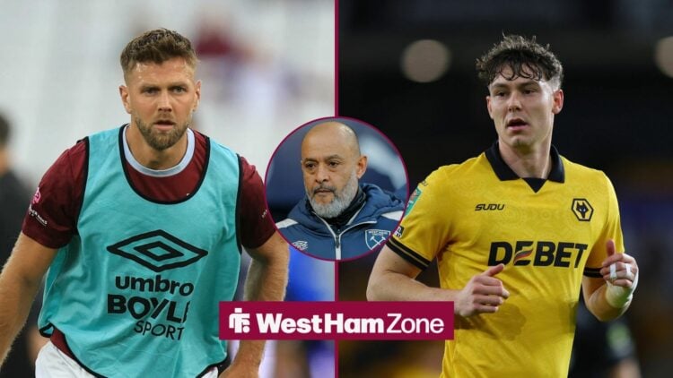 Niclas Fullkrug wearing a training big opposite Jorgen Strand Larsen playing for Wolves and Nuno Espirito Santo in a round overlay