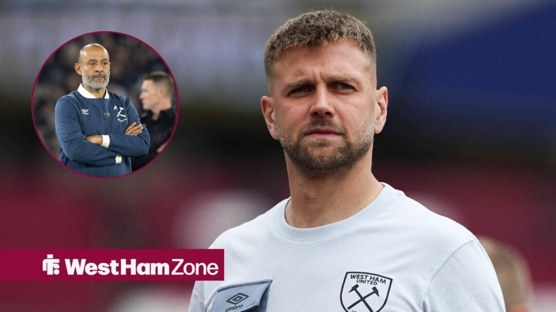 Niclas Fullkrug in a West Ham training top and Nuno Espirito Santo with his arms folded in a round overlay