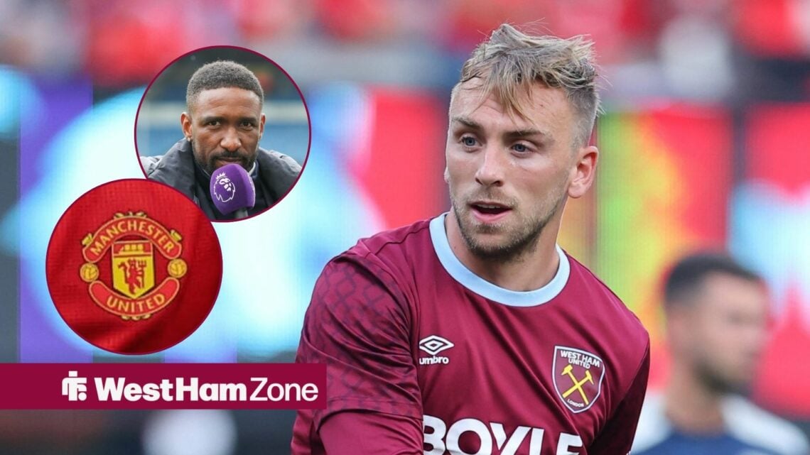 West Ham star Jarrod Bowen smiling, Jermain Defoe and Manchester United badge in insets.