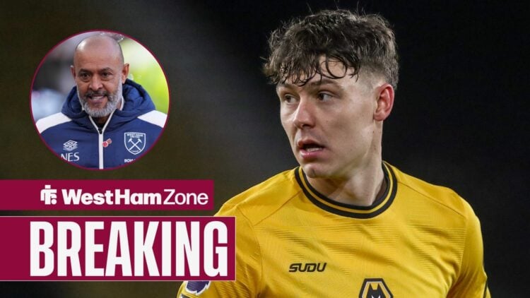 Wolves striker Jorgen Strand Larsen in action, West Ham boss Nuno Espirito Santo smiling.