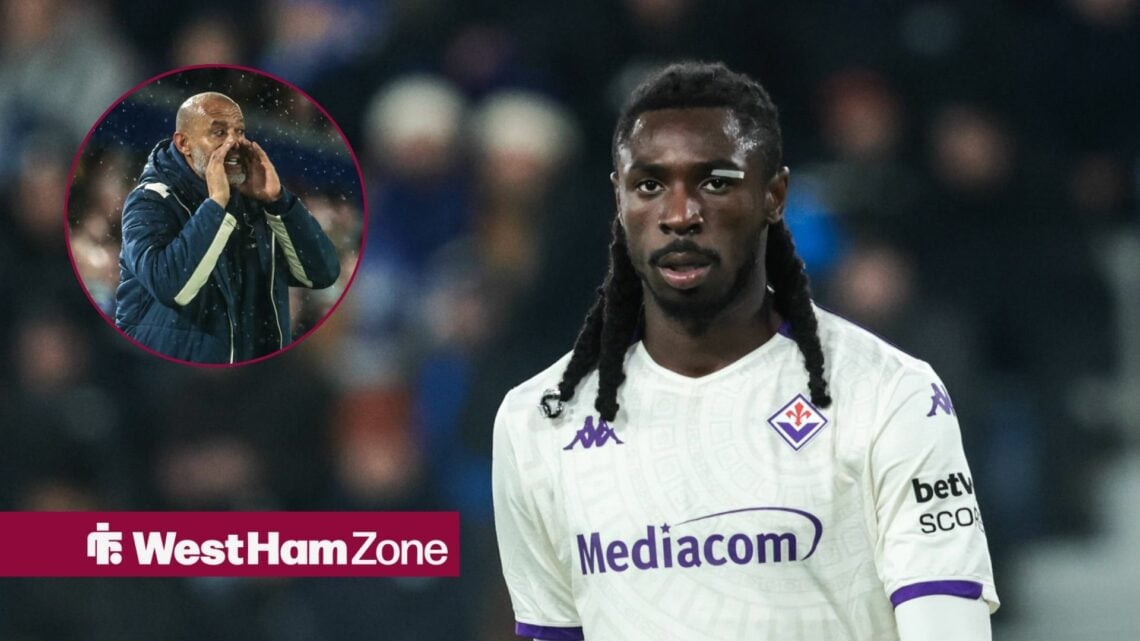 Moise Kean playing for Fiorentina and Nuno Espirito Santo shouting through his hands in a round overlay
