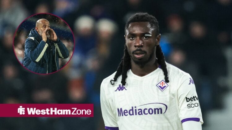 Moise Kean playing for Fiorentina and Nuno Espirito Santo shouting through his hands in a round overlay