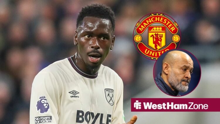 West Ham's Soungoutou Magassa with Nuno and Man United badge inset