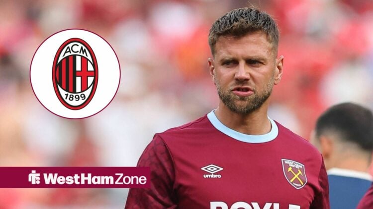 West Ham striker Niclas Fullkrug looking moody, AC Milan badge in inset.