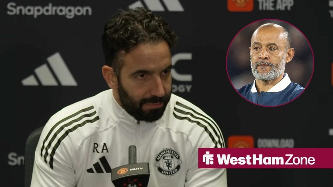 Ruben Amorim speaking at a press conference, with Nuno Espirito Santo in a circular frame inset
