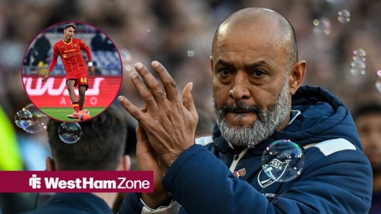 West Ham's Nuno Espirito Santo with Lecce's Tiago Gabriel inset