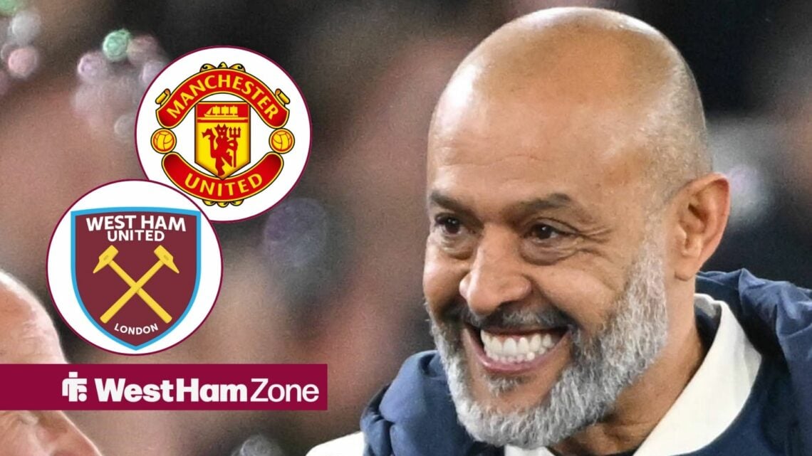 Nuno Espirito Santo smiling at West Ham and Manchester United badges in circular insets