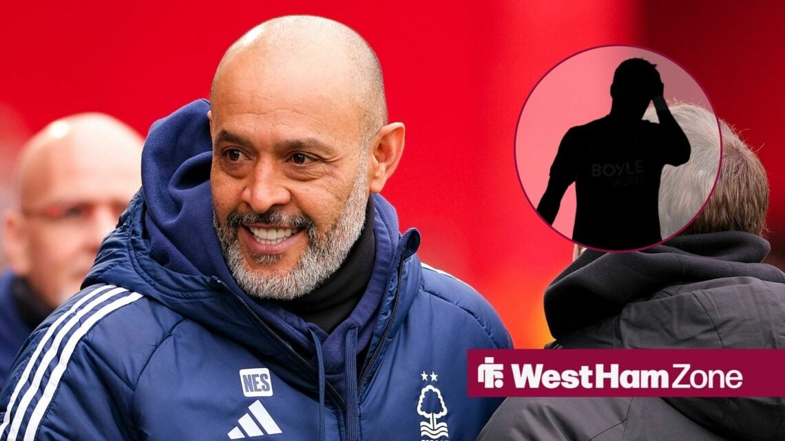 West Ham boss Nuno Espirito Santo smiling with Lucas Paqueta blacked out inset