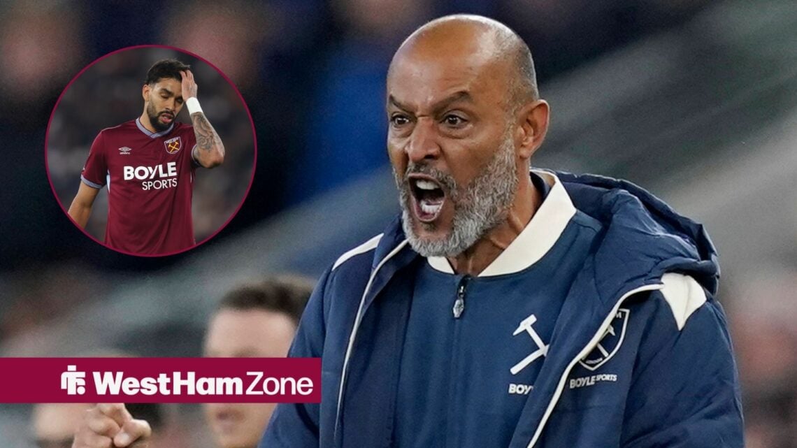 Nuno Espirito Santo shouts in a West Ham coat and Lucas Paqueta holds his head in a round overlay