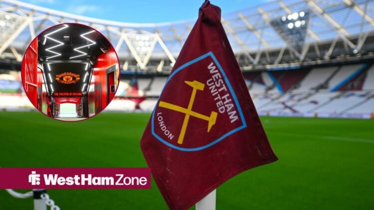 A general shot of the London Stadium, with Old Trafford in a circular frame inset