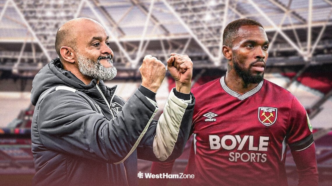 Nuno celebrating with Ivan Toney in West Ham home kit at London Stadium