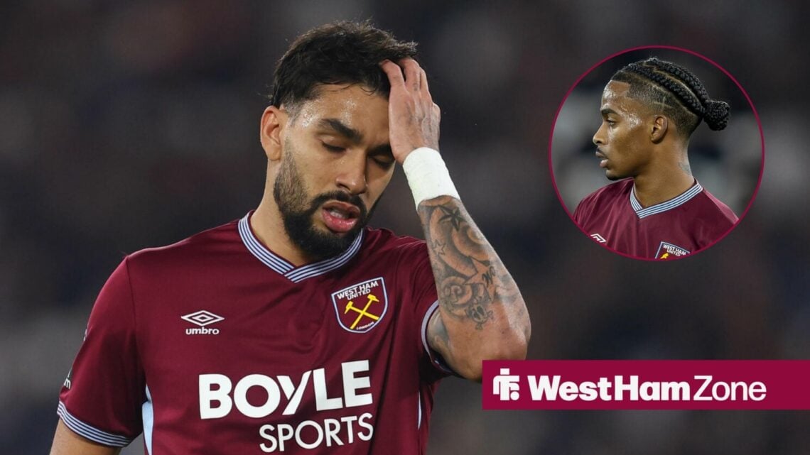 Lucas Paqueta with his hand to his face and Crysencio Summerville in a round overlay