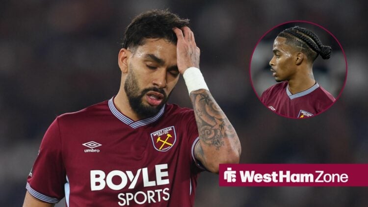 Lucas Paqueta with his hand to his face and Crysencio Summerville in a round overlay