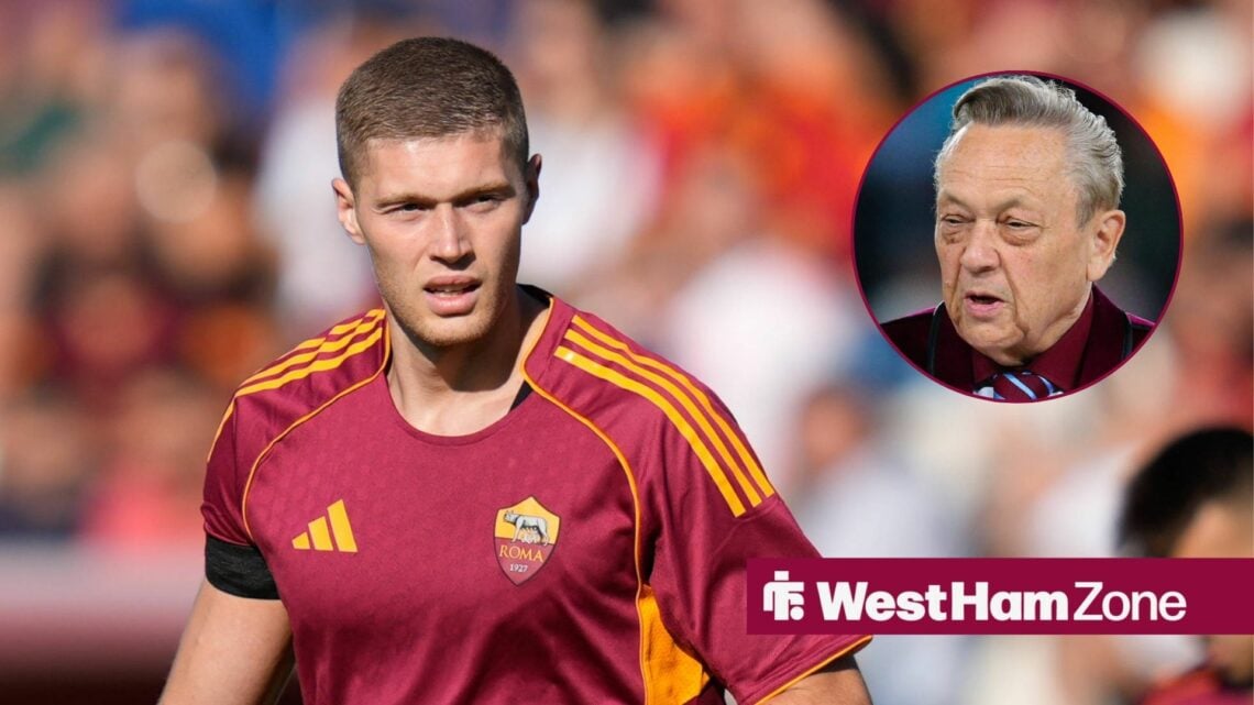 Artem Dovbyk looks towards a circular frame inset of David Sullivan