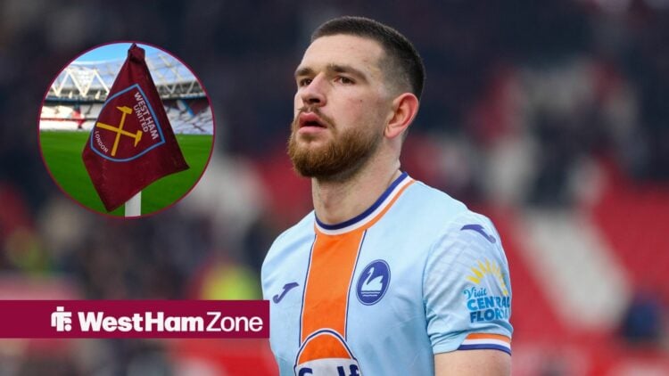 Zan Vipotnik looking towards a circular frame of a West Ham corner flag
