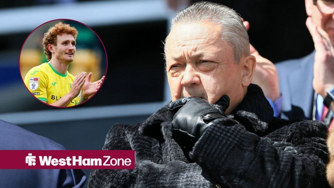 West Ham's David Sullivan with Norwich City striker Josh Sargent inset