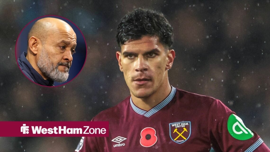 West Ham United midfielder Mateus Fernandes and Nuno Espirito Santo in circular inset