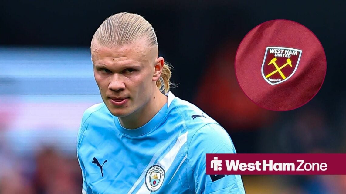 Manchester City striker Erling Haaland and West Ham United badge in circular inset